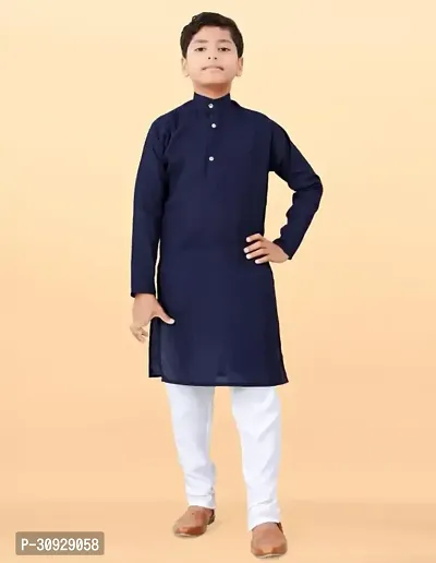 Stylish Blue Cotton Blend Solid Kurta Sets For Boys-thumb0