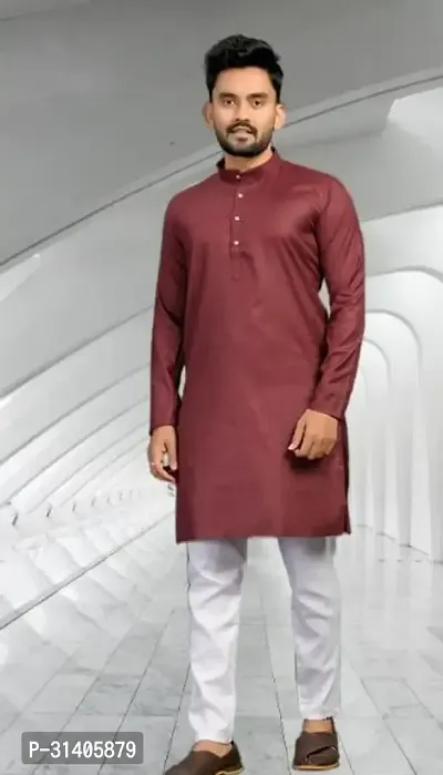 Reliable Maroon Cotton Solid Mid Length Kurta For Men-thumb0