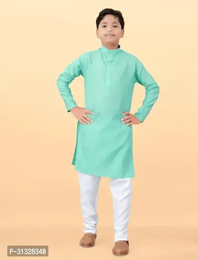 Stylish Blue Cotton Blend Solid Kurta Sets For Boys-thumb0