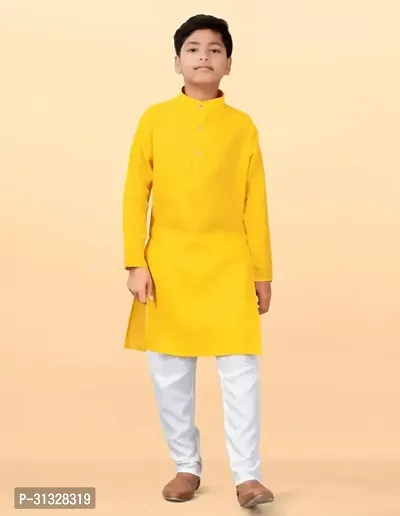 Stylish Yellow Cotton Blend Solid Kurta Sets For Boys-thumb0