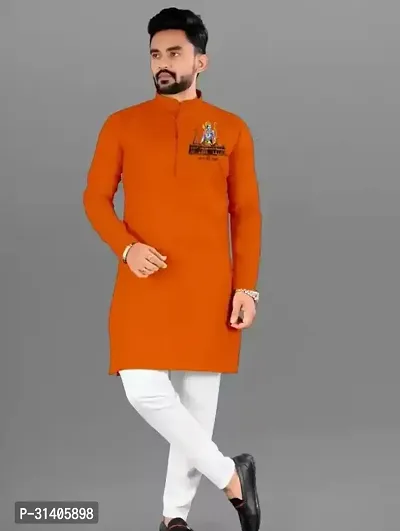 Reliable Orange Cotton Solid Mid Length Kurta For Men