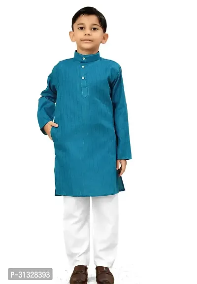 Stylish Blue Cotton Blend Solid Kurta Sets For Boys-thumb0