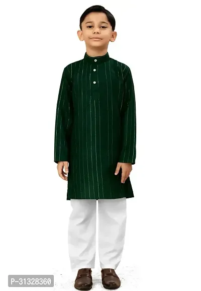 Stylish Green Cotton Blend Solid Kurta Sets For Boys