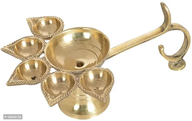 Classy Brass Hindu 5 Face Puja Burner Lamp Panch Aarti Jyoti Brass Table Diya (Height- 3 Inch)-thumb0