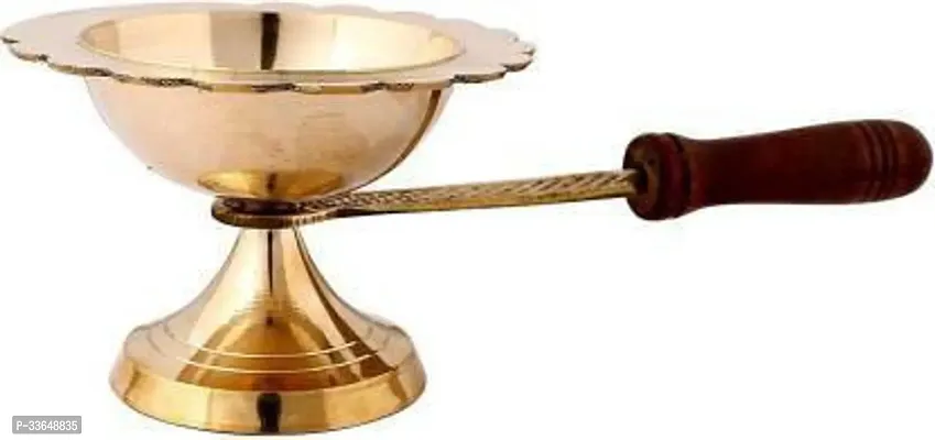 Classy Shlinco Brass Aarti Lamp/Dhoop Stand With Wooden Handle Brass Brass Table Diya (Height- 2.5 Inch)