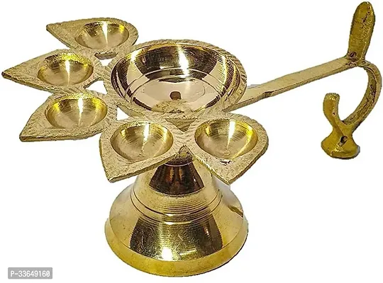 Classy Brass Panch Aarti Five Face Pooja Diya With Handle/Stand Golden Brass Table Diya (Height- 2.4 Inch)-thumb0