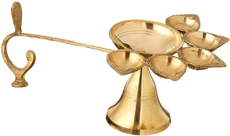 NAVRATRI SPECIAL Brass Panch Aarti Lamp Big Size || Handle Diya For Puja || Pancharti Diya Oil Lamp || Panch aarti Jyoti/Puja Diya for Diwali/Navratri/Any Festival & Pooja ||V7