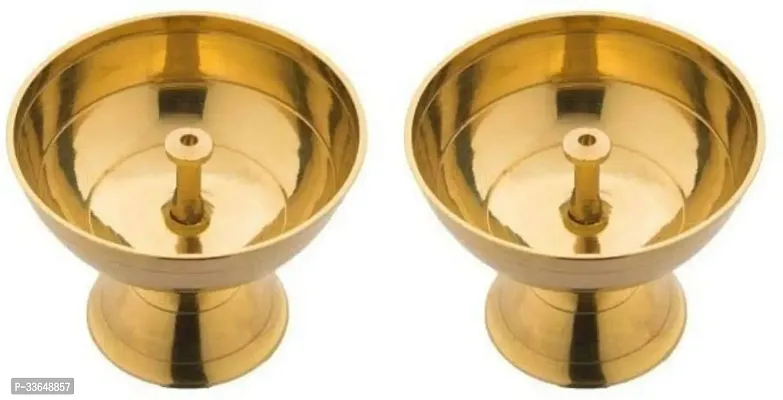 Classy Brass Akhand Diya For Pooja And Diwali Decoration Set Of 2 Brass (Pack Of 2) Table Diya Set (Height- 2.3 Inch)-thumb0