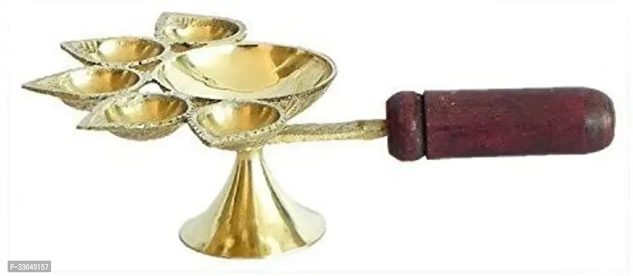 Classy Woodan Handle Panch Arti Brass Diya Arti Diya With Handle (Height- 7 Inch)