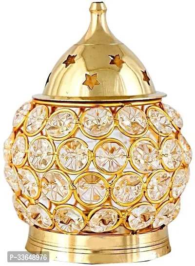 Classy Akhand Diya Crystal Decorative Oil Lamp Deepak Brass Table Diya (Height- 6.7 Inch)-thumb0