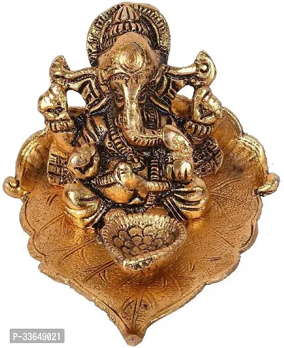 Classy Metal Golden Oxidized Ganesh Ji Sitting On Leaf With Diya Brass Table Diya (Height- 4 Inch)-thumb0