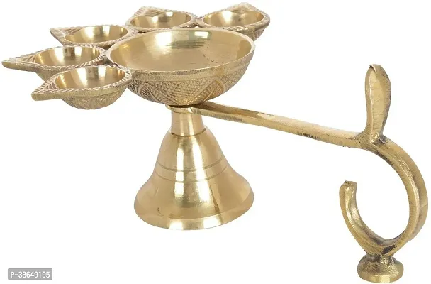 Classy Brass Hindu 5 Face Puja Camphor Burner Lamp Panch Aarti Jyoti/Diya Stand Brass Table Diya (Height- 2.3 Inch)-thumb0