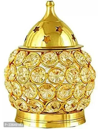 Classy Brass Crystal Matki Akhand Diya Crystal Oil Lamp For Puja Brass Table Diya (Height- 4.5 Inch)-thumb0