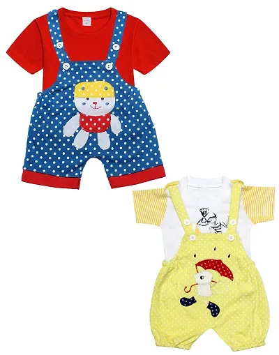 babeezworld Dungaree for Boys & Girls Casual Printed Pure Cotton-Pack of 2 (Multicolour)