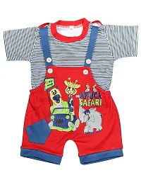 babeezworld Baby Boy's and Girl's Cotton Dungaree Set with Round Neck T-Shirt Adjustable Strap and Half Pant with Elasticated Waist (Multicolour; 0-3 Months)-thumb2