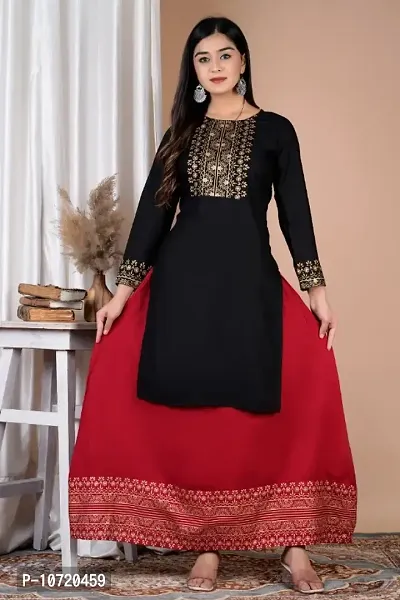 Beautiful Trendy Black Printed Kurti with Mahroon Skirt |Rayon Fabric and Three Quarter Sleeves|Kurta Sets for Women_Blackmahroon skirt-thumb0