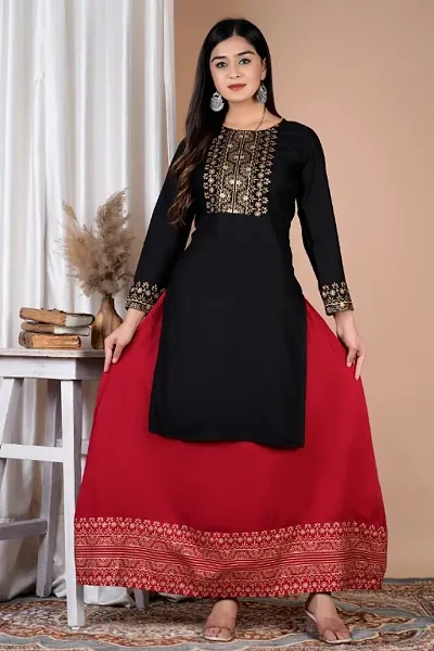 Beautiful Trendy Black Printed Kurti with Mahroon Skirt |Rayon Fabric and Three Quarter Sleeves|Kurta Sets for Women_Blackmahroon skirt