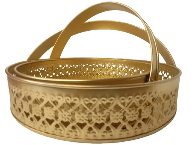 Golden Painted Metal Hamper Basket Set of 2pcs For Gifting on Festivals,Weddings,Special Occasions.