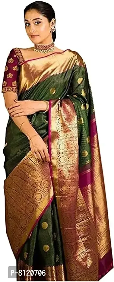 STAR LIGHT FASHION Designer Embrodery Work Banarasi Silk Saree For Women With Blouse Piece (Green & Magenta)-thumb0