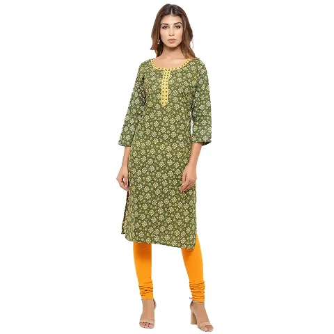 JABAMA? Women's Stitched Jaipuri Print Straight Kurti (Green)