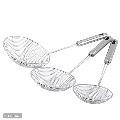 3 Pcs Stainless Steel Deep Fry Strainer Oil Strainer For Kitchen Jhara Puri Set Of Three 14 Cm Silver Pack Of 3