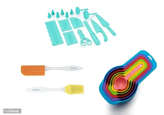 Sturdy MultiFunction Heavy Plastic 16 Pieces Tool Set for Cake Icing Decoration with 6 pieces Measuring Cups and Spoons Set AndSmall Silicone Spatula And Brush