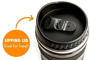 Stainless Steel, Plastic Camera Lens Coffee Mug with 2 Lid - Black-thumb3