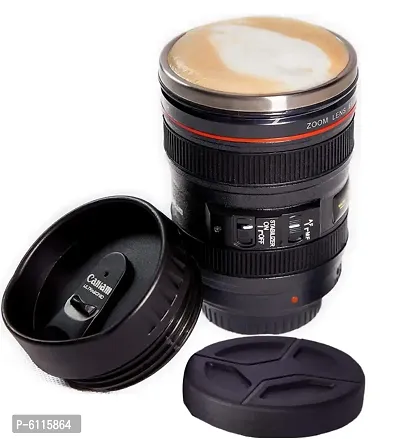 Stainless Steel, Plastic Camera Lens Coffee Mug with 2 Lid - Black