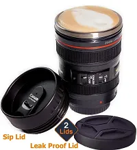 Stainless Steel, Plastic Camera Lens Coffee Mug with 2 Lid - Black ( set of 2 )-thumb1