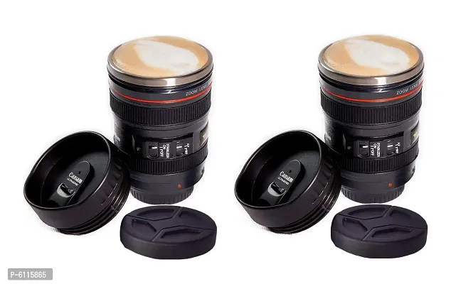 Stainless Steel, Plastic Camera Lens Coffee Mug with 2 Lid - Black ( set of 2 )