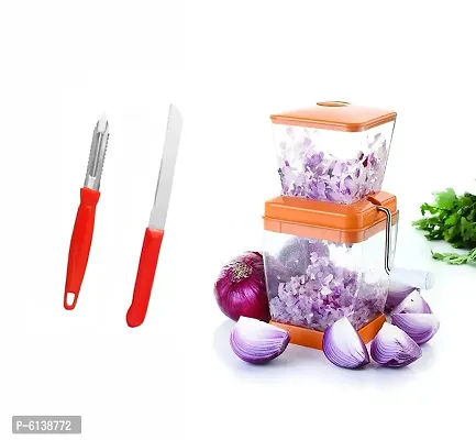 Transparent Plastic onion chopper and chilly cutter with lid and SS blade knife and peeler for kitchen (pack of 3)
