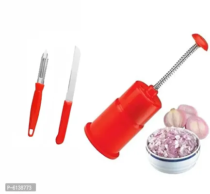 Red Plastic Onion chopper for kitchen with SS blade knife and peeler.(pack of 3)