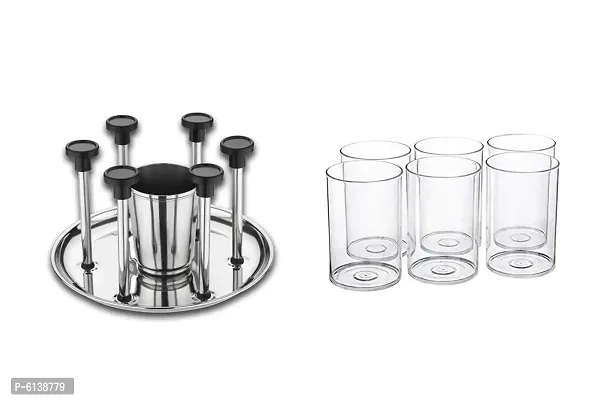 Stainless Steel Glass and Spoon Organiser with 6 Plastic Glasses Set