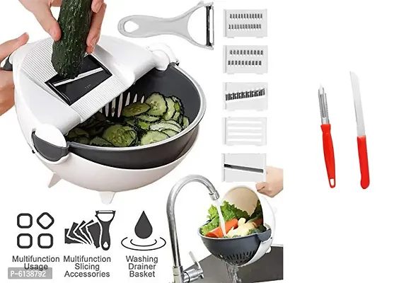 Wet Basket Vegetable Cutter - Multifunction Vegetable Cutter with Drain Basket Magic Rotate Vegetable Cutter Portable Slicer Chopper Grater Kitchen Tool with SS knife and peeler