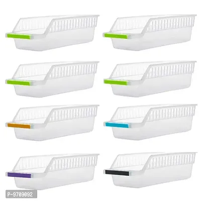 Premium Refrigerator Storage Tray Orgnaizer for Storage Food Vegetables, Egg, Sauces Unique Design Plastic Fridge Space Saver Container Food Storage Organizer Basket - Pack Of 8, Transparent Baske