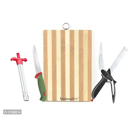 Combo Of Bamboo Chopping Board, Stainless Steel Knife, Stainless Steel Clever Cutter And Gas Lighter Kitchen Tools Combo Kitchen Tools Set - Combo Of 4