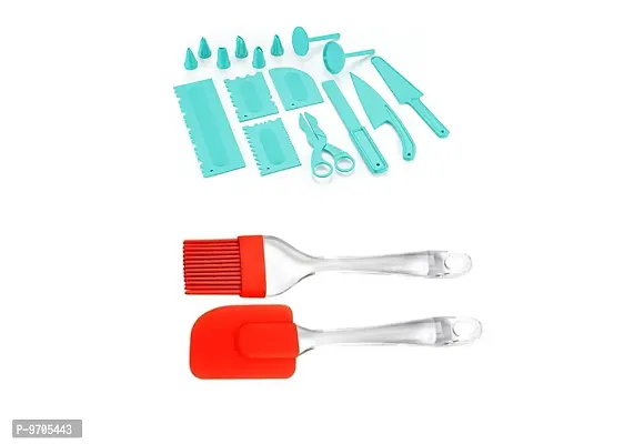 Sturdy MultiFunction Heavy Plastic 16 Pieces Tool Set for Cake Icing Decoration with Large Size Silicone Spatula And Brush-thumb0