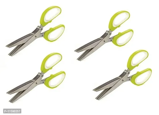 Four Multi-Functional Stainless Steel Kitchen Knives 5 Layers Scissors Cut Herb Spices Cooking Tools Vegetable Cutter With Cleaning Brush -Pack Of 4, Colour May Vary-thumb0