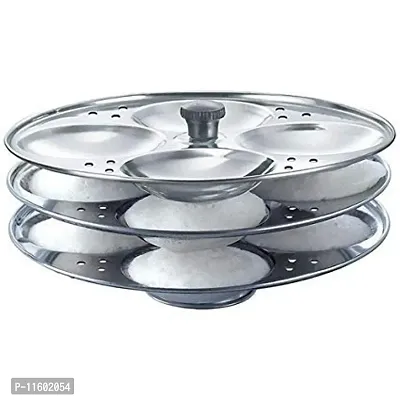 Premium Stainless Steel Idli Stand Idli Making Plates Idli Maker Pot 3 Plate, 12 Idli With Big Spatula And Oil Brush Set-thumb2