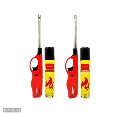 Refillable Gas Lighter For Kitchen Stove With Refill Gas Bottle Can, Adjustable Stainless Steel Flame Lighter For Candle, Diya, Barbecue And Home Use -Colour May Vary, Set Of Two-thumb0