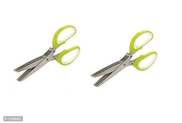 Two Multi-Functional Stainless Steel Kitchen Knives 5 Layers Scissors Cut Herb Spices Cooking Tools Vegetable Cutter With Cleaning Brush -Pack Of 2, Colour May Vary-thumb0