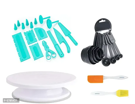 Sturdy MultiFunction Heavy Plastic 16 Pieces Tool Set for Cake Icing Decoration with Cake Decorating Turntable Stand, Small Silicone Spatula Brush And 8 pieces Measuring Cups Spoons Set