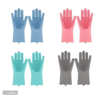 High-Quality Silicone Scrubbing Gloves For Dish Washing And Pet Grooming -Four Pair, Assorted Colour-thumb0