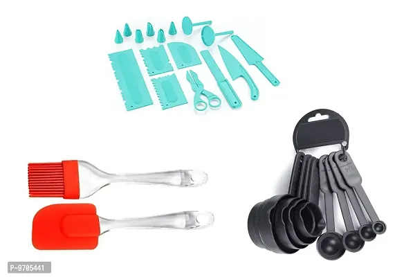 Sturdy MultiFunction Heavy Plastic 16 Pieces Tool Set for Cake Icing Decoration with 8 pieces Measuring Cups and Spoons Set And Large size Silicone Spatula And Brush