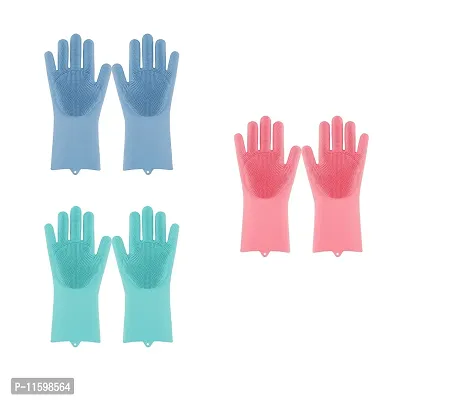 High-Quality Silicone Scrubbing Gloves For Dish Washing And Pet Grooming -Three Pair, Assorted Colour-thumb0