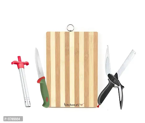 Premium Combo Of Bamboo Chopping Board, Stainless Steel Knife, Stainless Steel Clever Cutter And Gas Lighter Kitchen Tools Combo/Kitchen Tools Set, Multicolor, Combo Of 4