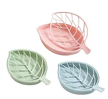 Premium Leaf Shape Designer Soap Tray, Drip Soap Box with Water Draining Tray, Pack of 4, Plastic, Assorted Color-thumb1