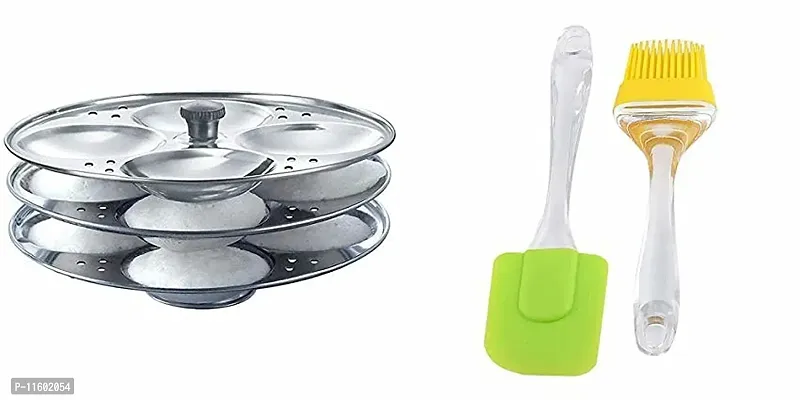 Premium Stainless Steel Idli Stand Idli Making Plates Idli Maker Pot 3 Plate, 12 Idli With Big Spatula And Oil Brush Set-thumb0