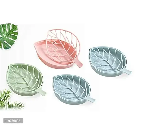 Premium Leaf Shape Designer Soap Tray, Drip Soap Box with Water Draining Tray, Pack of 4, Plastic, Assorted Color-thumb0