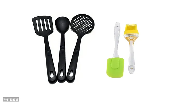 Sturdy  3 Pcs Cooking And Serving Set, Nonstick Heat Resistant Kitchen Serving Set, Slotted Turner, Skimmer, Spoon With Silicon Oil Spatula Brush, Set Of 5